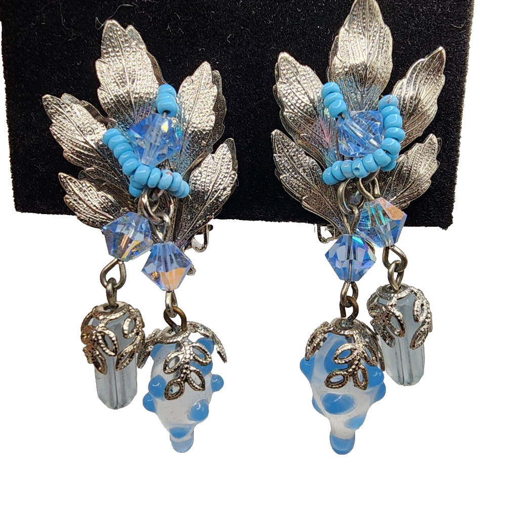 Hobe Silver Grape Leaf Glass Bead Crystal Earrings Dangle Vintage Signed Clip